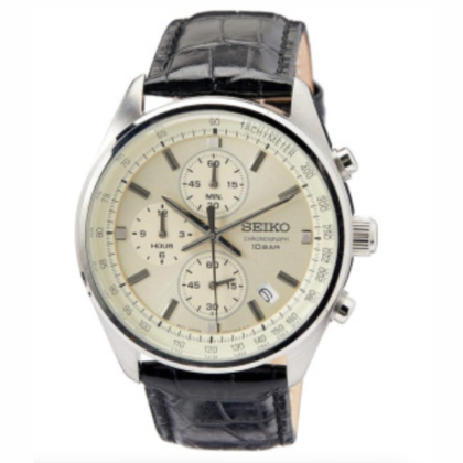 Seiko SEIWSSB383P1 Quartz Chronograph Cream Dial Hardlex Crystal Glass Black Leather Strap Men's Watch 